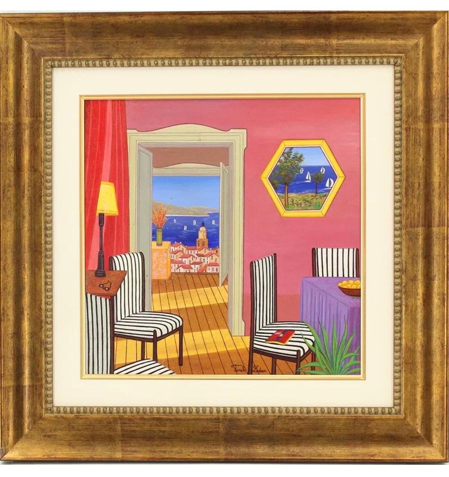 Whimsical Naive Mediterranean Seaside Interior Folk Art Oil Painting Fanch Ledan