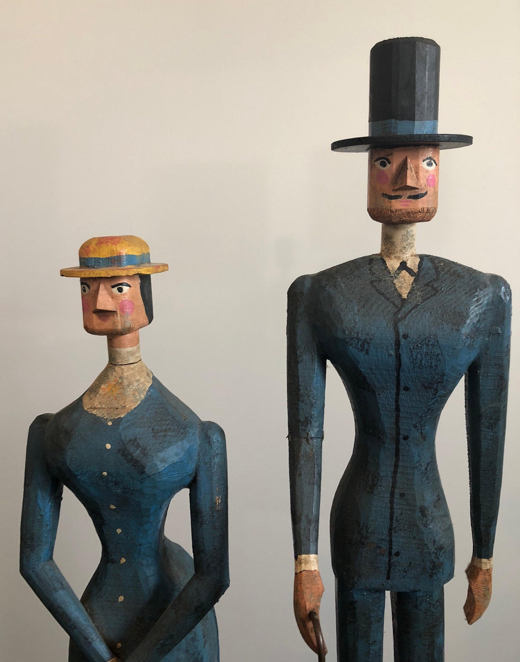 Hand Carved Painted Wood Folk Art Americana Sculpture Pair American Gothic