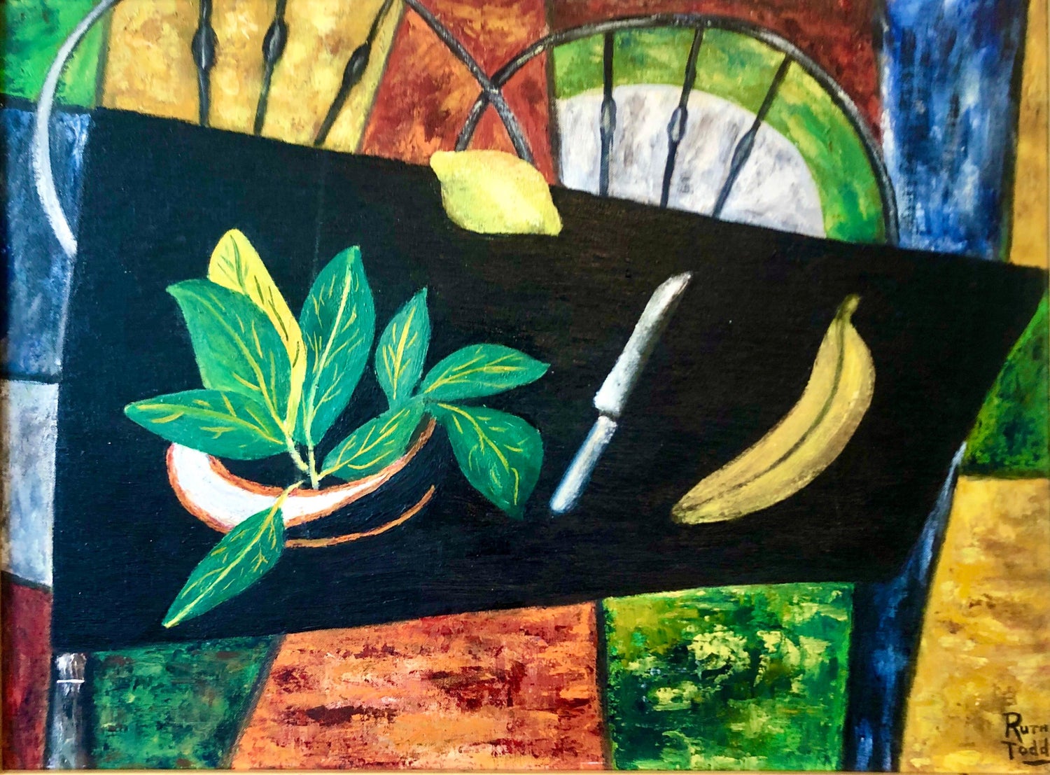 Large Pop Art Oil Painting "Pear" Modernist Colorful Composition Suzanne Mears