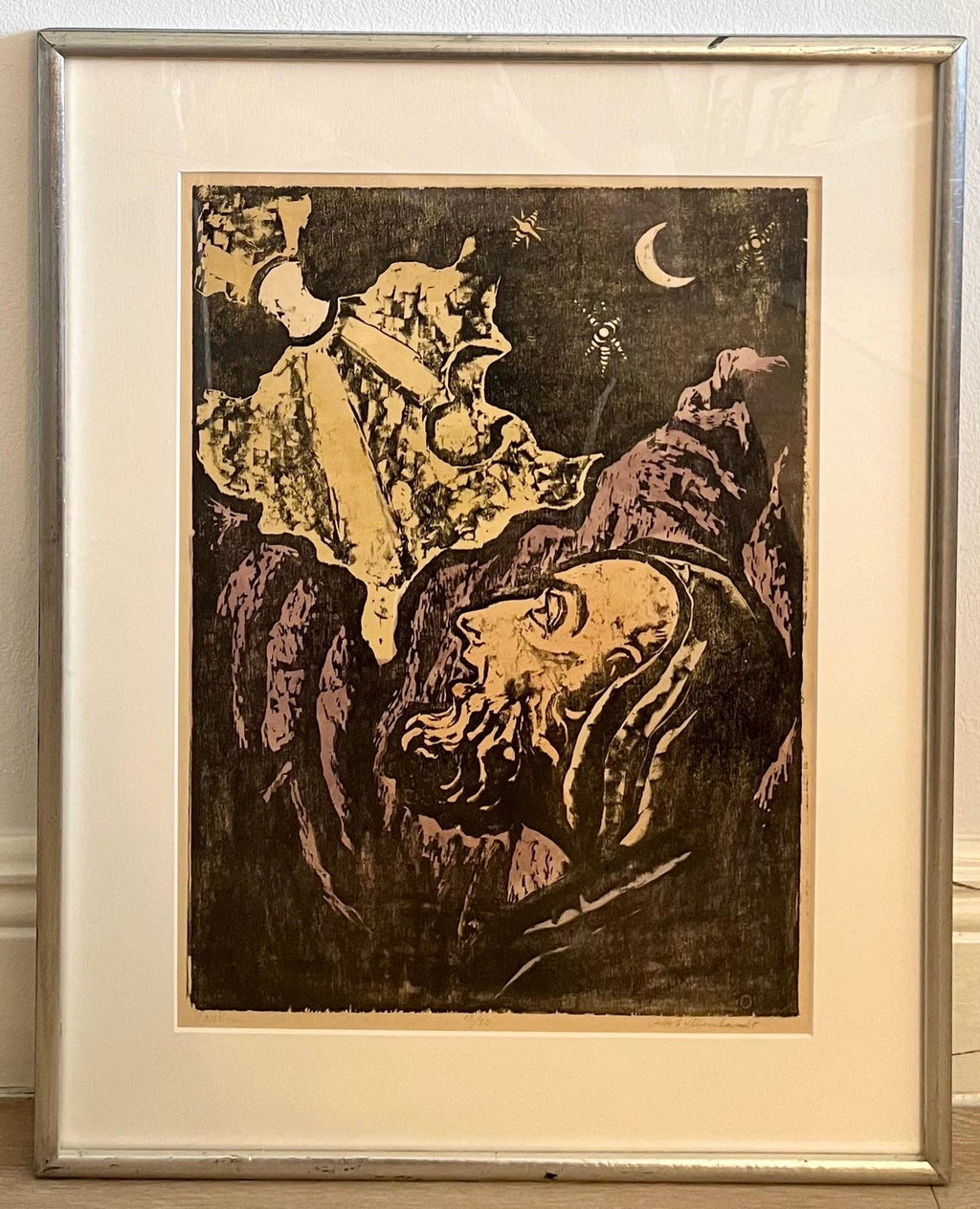 Jewish Rabbi Looking Heavenward German Expressionist Woodcut Israeli "Psalm"