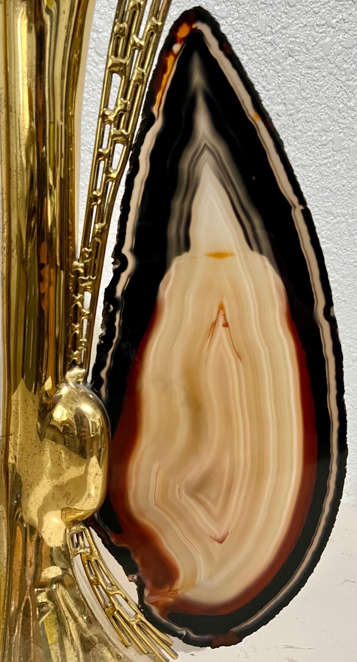 1970s French Brass & Raw Mineral Agate Specimen Sculpture Art Candlesticks Pair