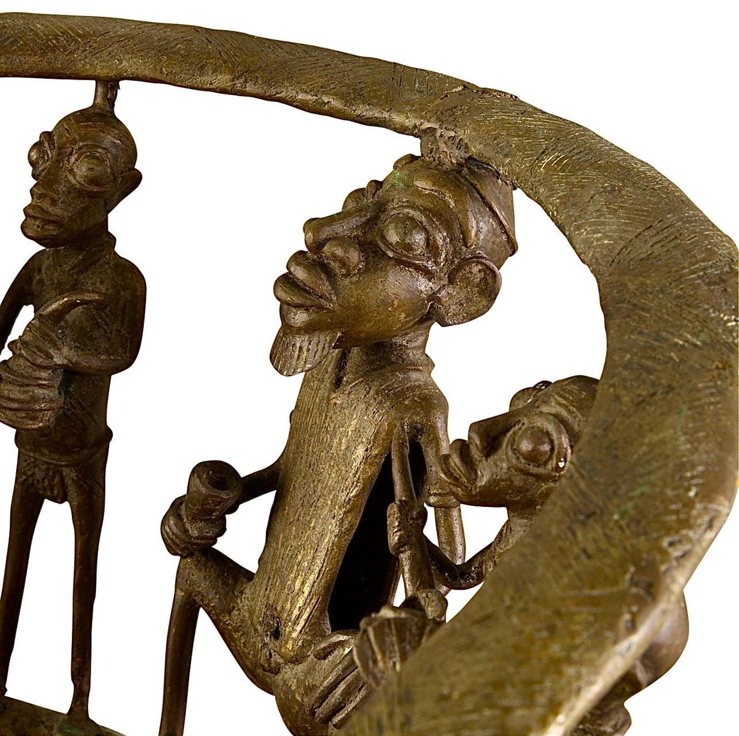 Rare African Solid Benin Bronze Ceremonial Throne Chair Multi Figure Sculpture