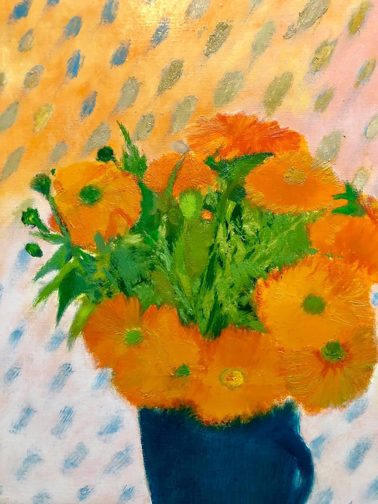 Soucis au Petit Pot Bleu, Floral Oil Painting Marigold Flower Bouquet in Vase