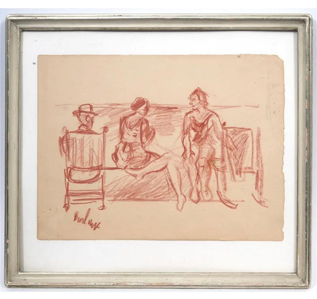 Modernist Conte Crayon Drawing Beach Scene David Burliuk Russian Futurist