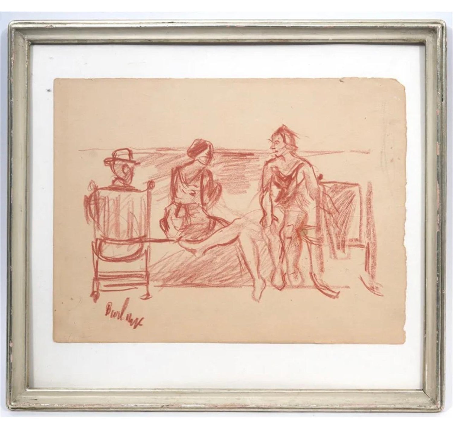 Modernist Conte Crayon Drawing Beach Scene David Burliuk Russian Futurist