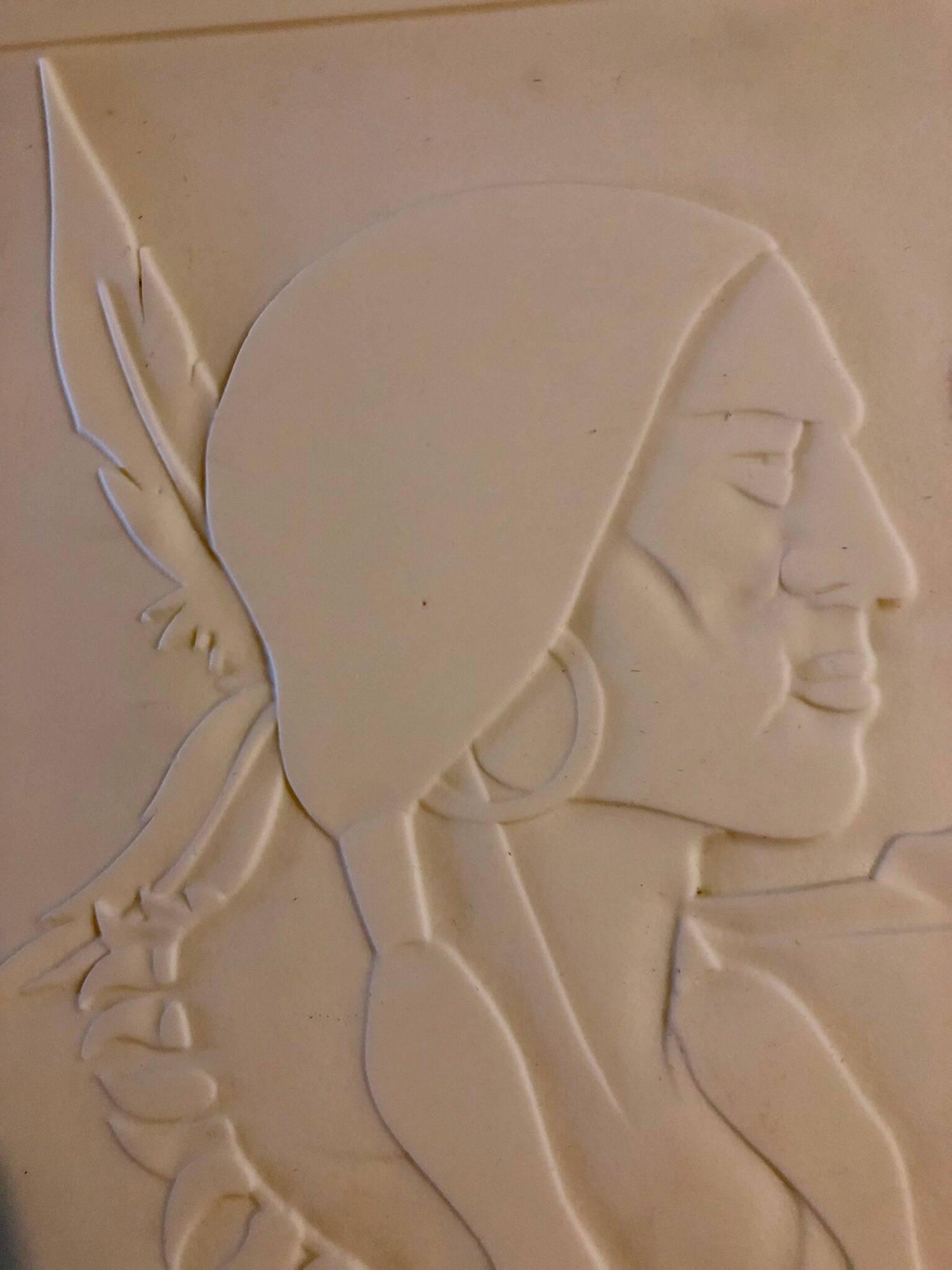 Rare Milk Glass Carved Sculpture Panel Cowboy Indian WPA Artist Americana