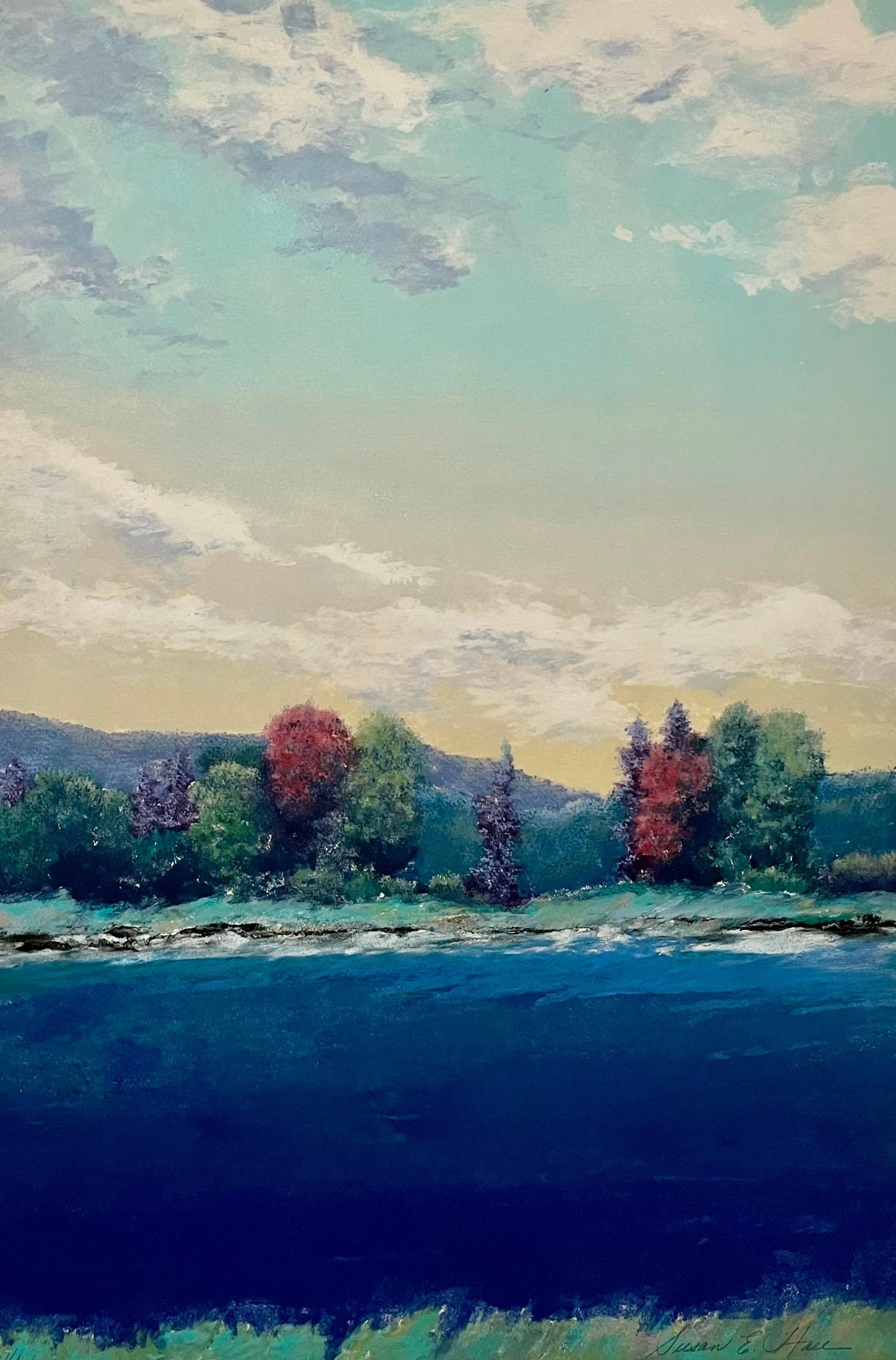 Large Monotype Monoprint Print Scenic Lake Landscape Susan Hall Woman Artist