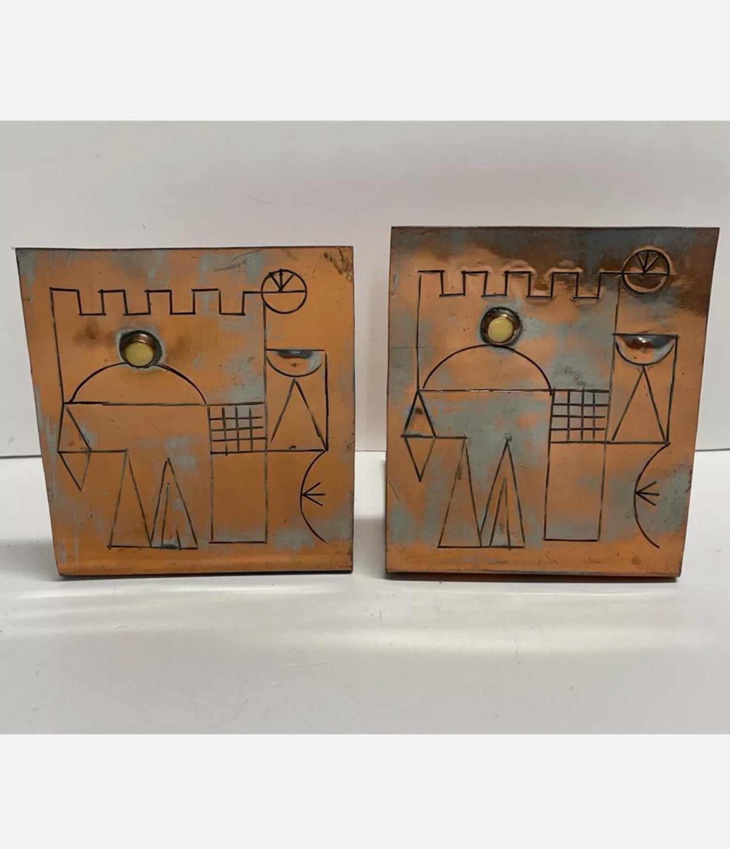 Israeli Mod Arts & Crafts Copper Sculpture Bookends Bezalel Schatz Yaad Studio
