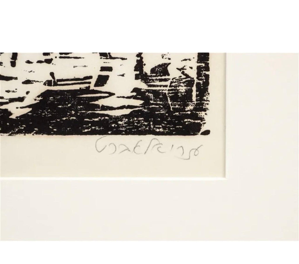 Woodblock Print Polish Israeli Artist Azriel Awret Rainy Street Jerusalem Israel