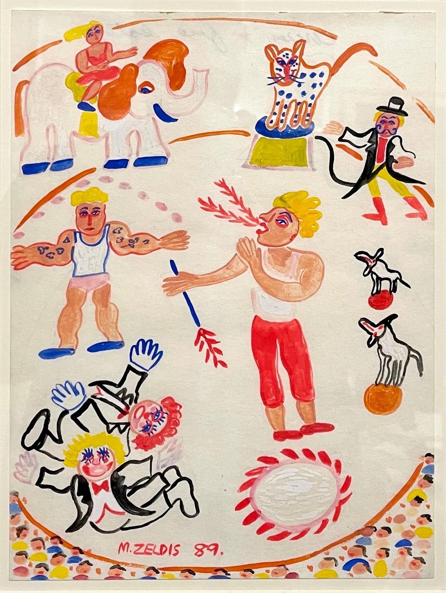 Malcah Zeldis Folk Art Gouache Painting Outsider Artist Circus Fire Eater, Tiger