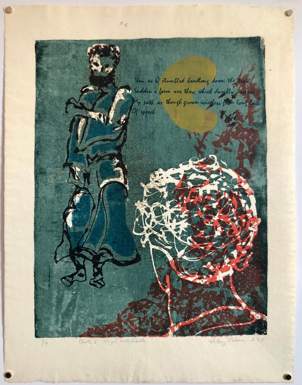 Vintage Vibrant Mod Divine Comedy Dante Virgil Woodblock Woodcut Print