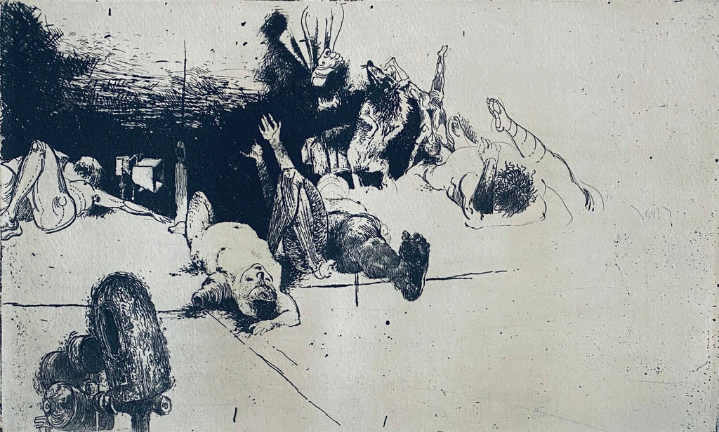 Interior View Dogs Running By Table Abstract Modernist Etching, Robert Birmelin