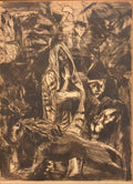 Modernist Daniel in Lions Den Biblical Judaica Etching Israeli Artist