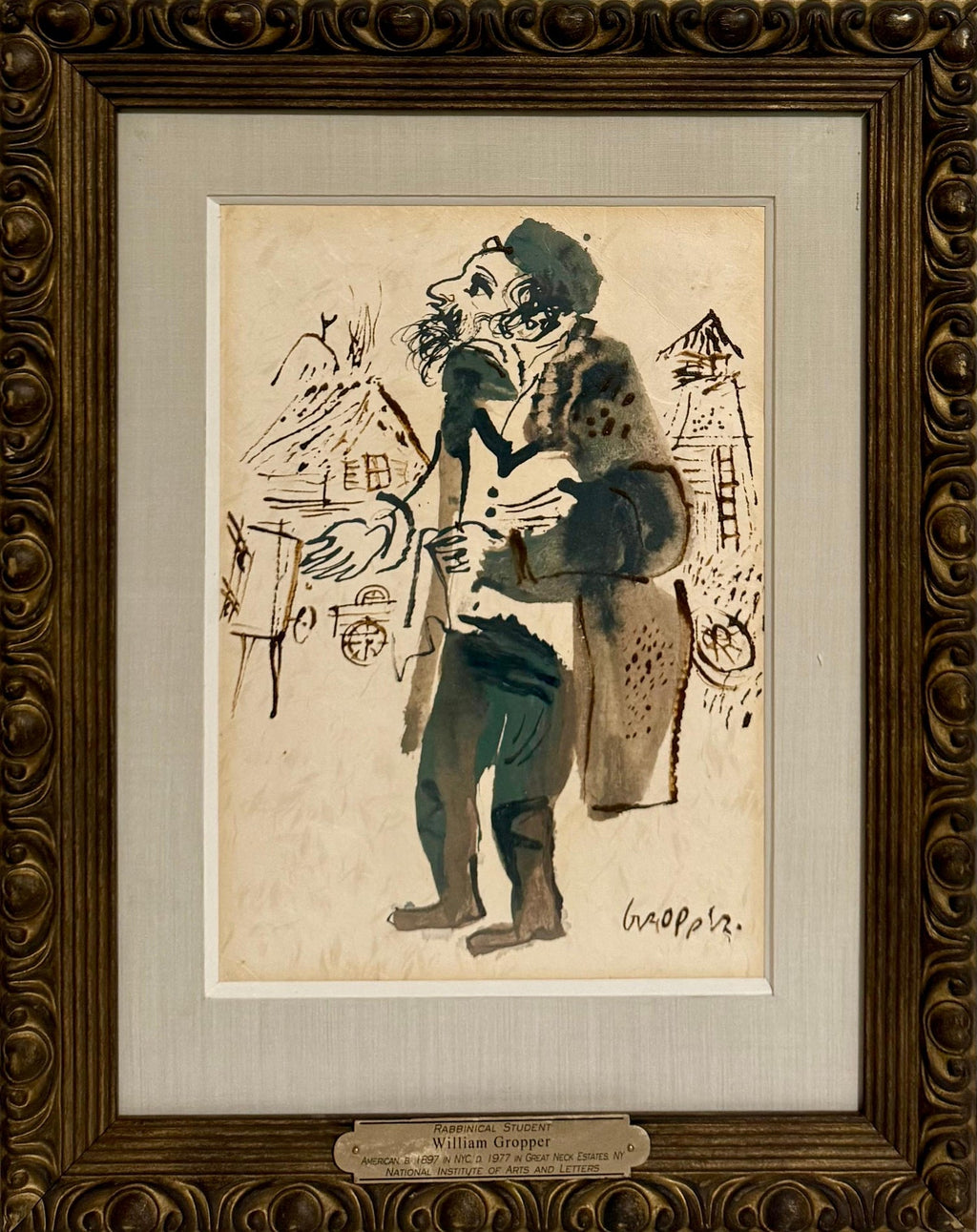 Jewish Rabbi Student Judaica Watercolor Gouache Painting WPA Art William Gropper