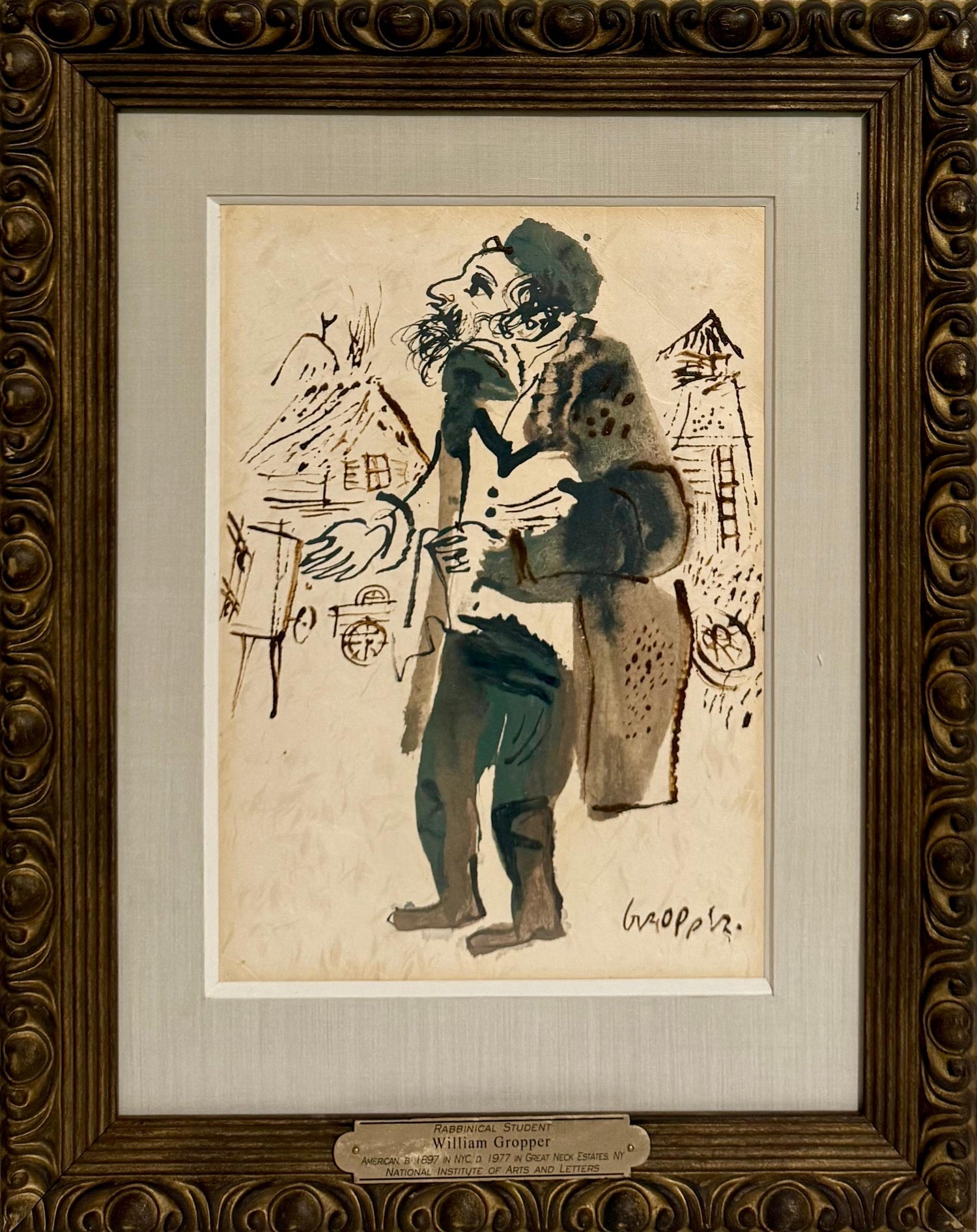 Jewish Rabbi Student Judaica Watercolor Gouache Painting WPA Art William Gropper