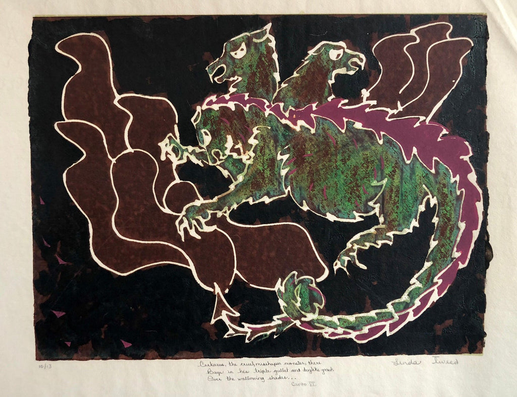 Vintage Vibrant Mod Mythological Dragon Psychedelic Woodblock Woodcut Print