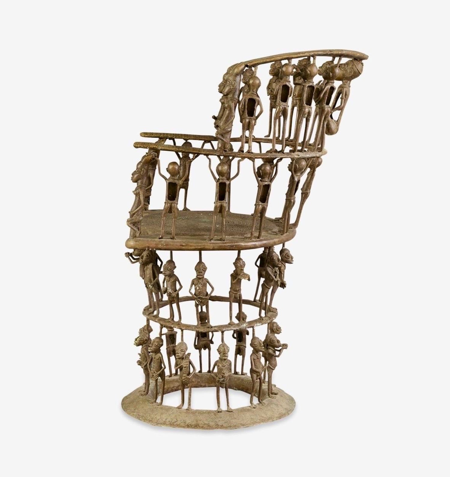 Rare African Solid Benin Bronze Ceremonial Throne Chair Multi Figure Sculpture