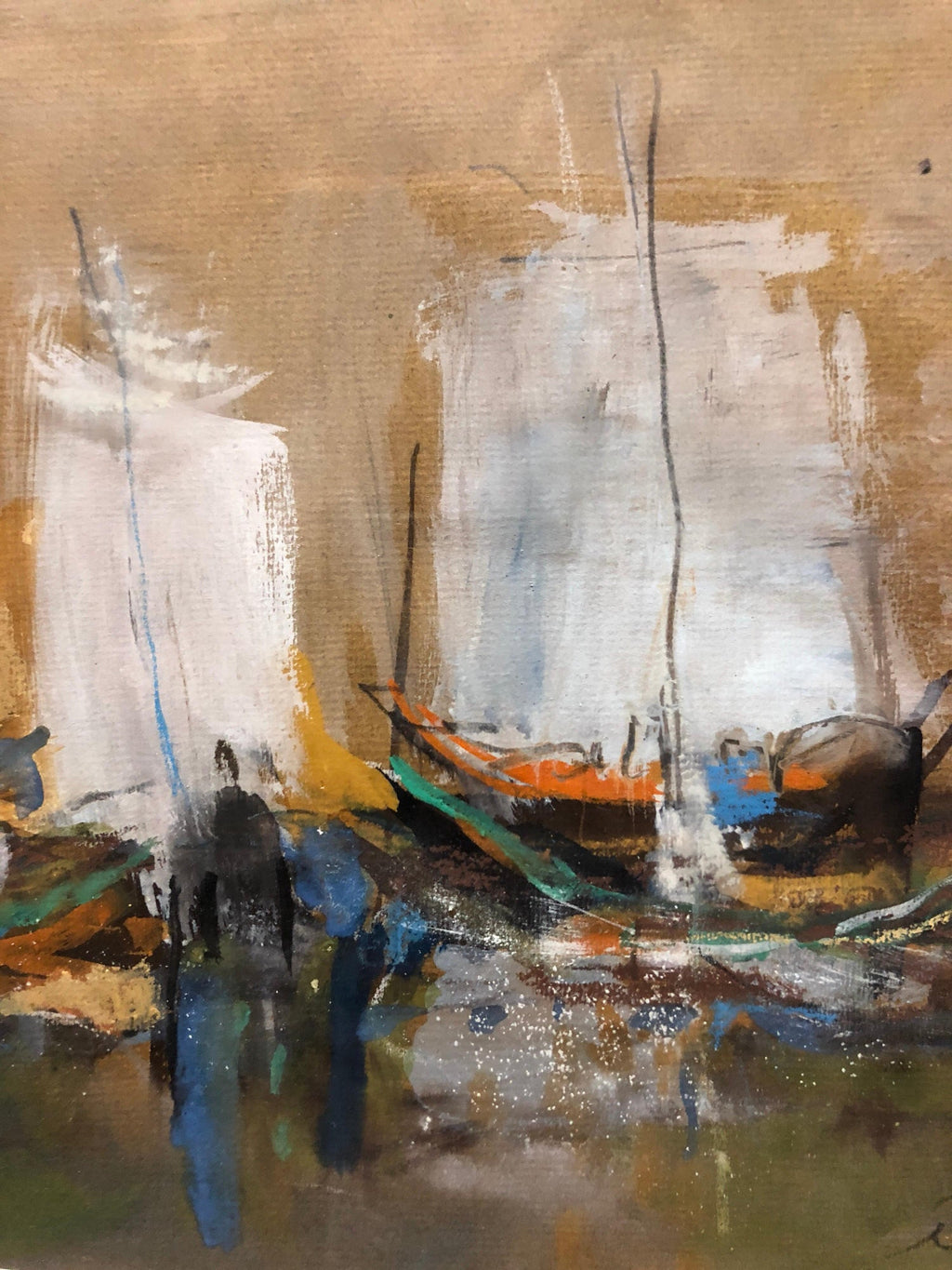 Israeli Modernist Abstract Expressionist Gouache Painting Boats