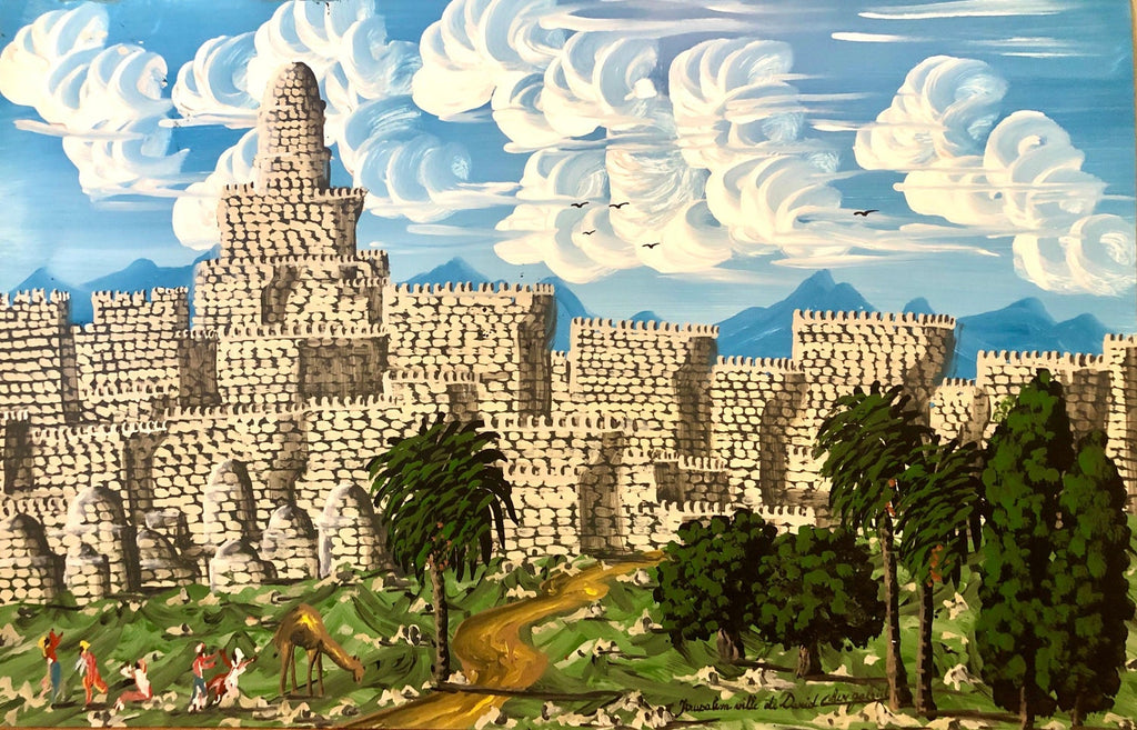Judaica Polish Israeli Folk Art Biblical Modernist Oil Painting