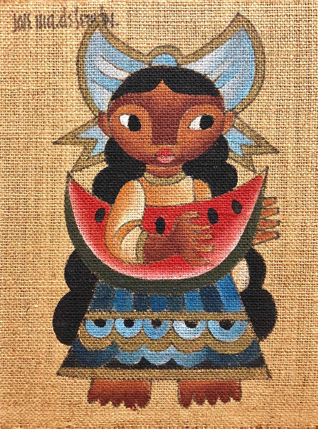 Mexican Modernist Painting Boy with Watermelon