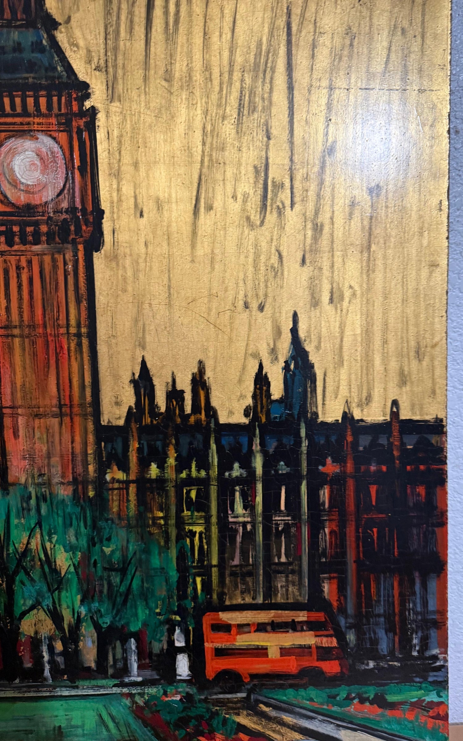 Large London Big Ben Mod Mid Century Architectural Modernist Gold Leaf Painting