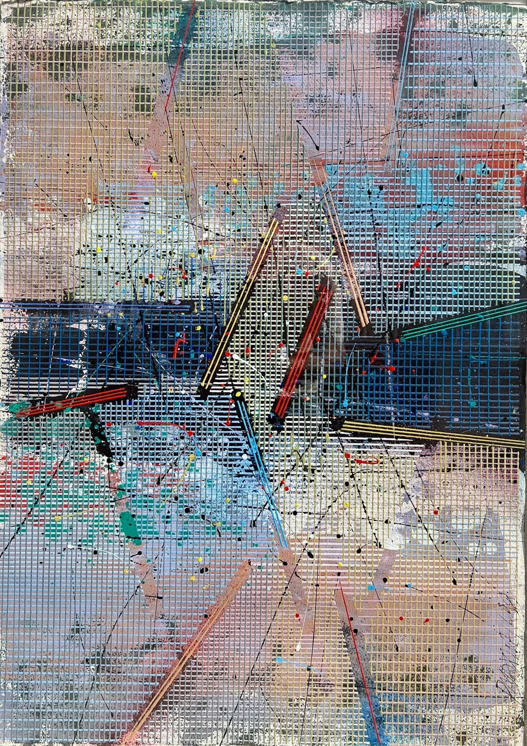 Large Modern Abstract Cast Stencil Painting Paul Maxwell Mod Constructivist Neon