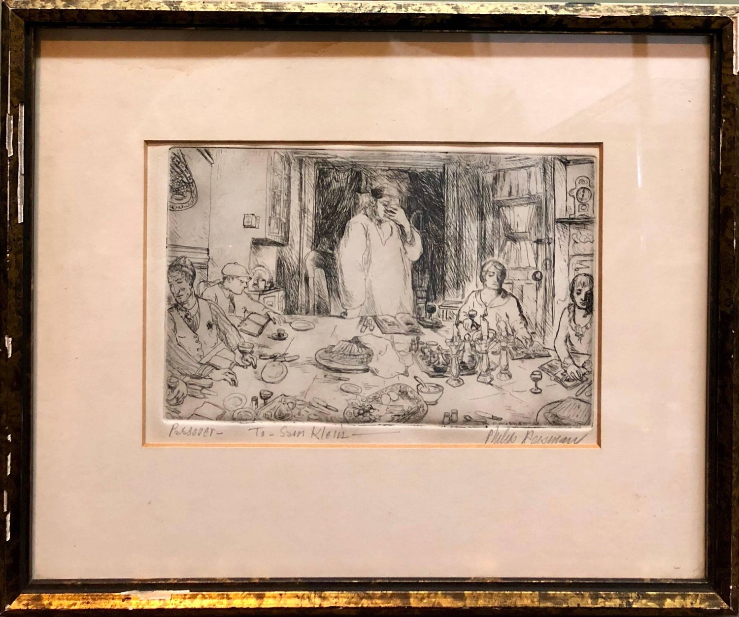 Judaica Etching Passover Seder Scene WPA Artist