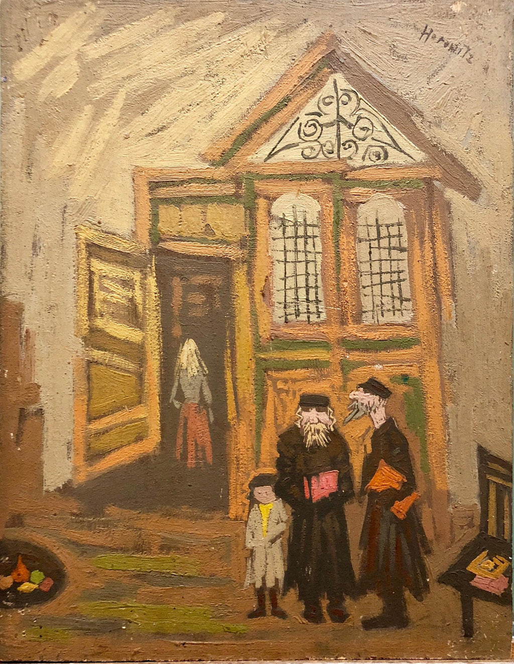 Modernist American Judaica Painting Jewish Men Outside Synagogue Eastern Parkway