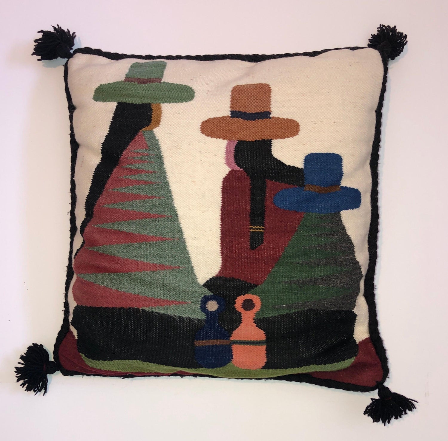 Vintage Handwoven Tapestry Wool Folk Art Rug Weaving Pillow or Wall Hanging
