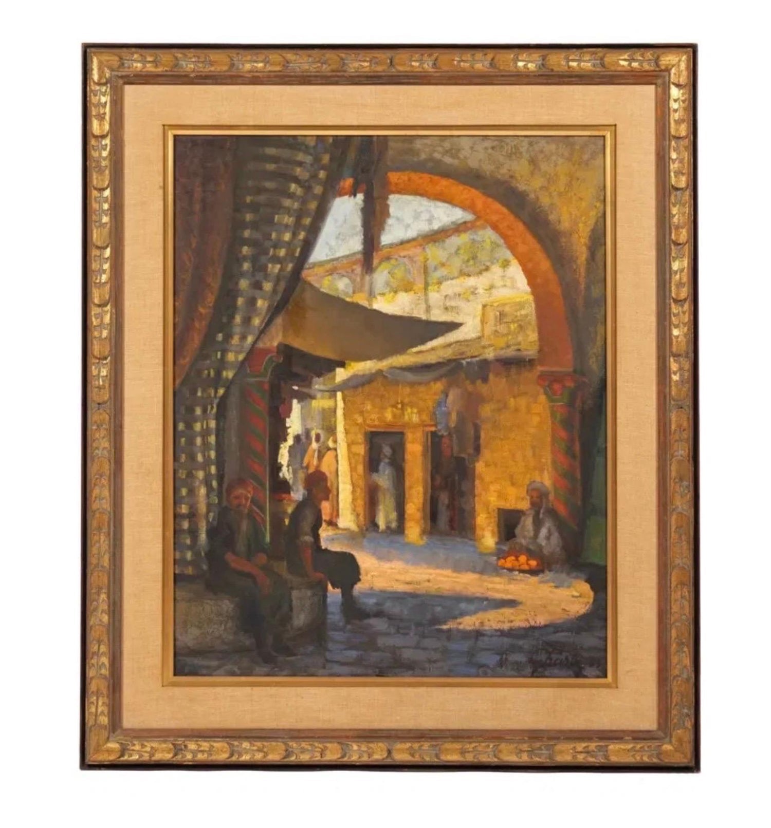 Large Orientalist Arab Oil Painting Merchants at the Bazaar Souq Jalal Gharbi