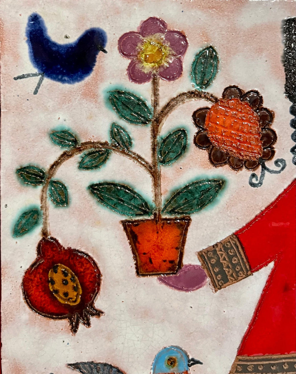 Girl & Plants Enamel Glazed Ceramic Plaque Israeli Artist Awret Naive Folk Art