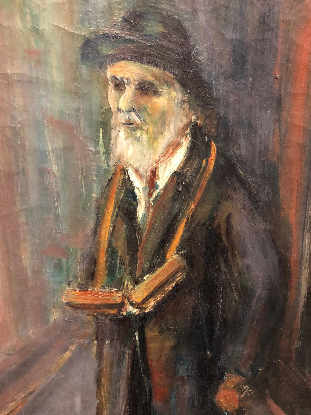 Judaica Oil Painting 1945 Palestine Old Jewish Man Polish Israeli Artist