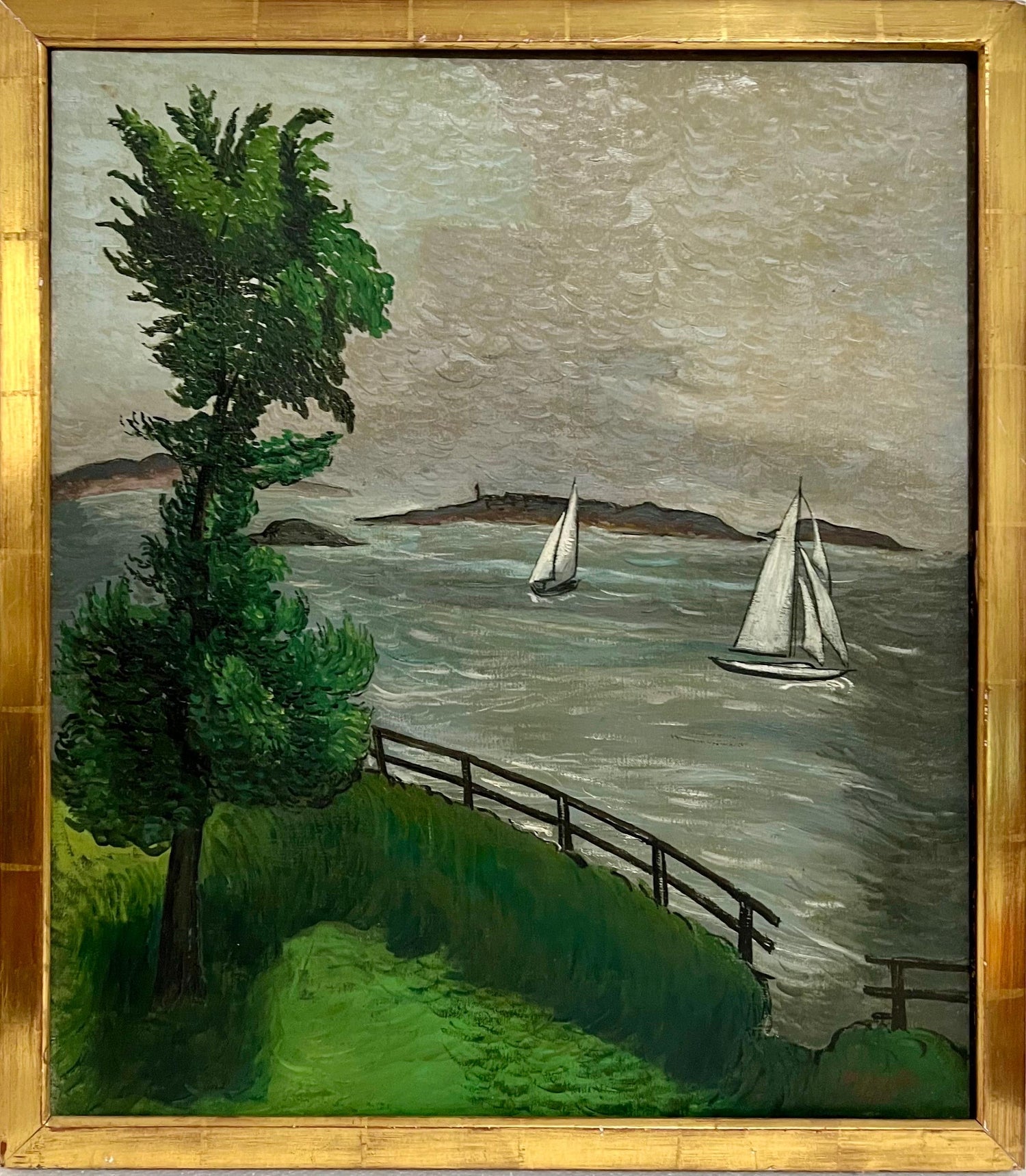 1930 Oil Painting Sea Side Sailboats American Modernist WPA Artist Morris Kantor