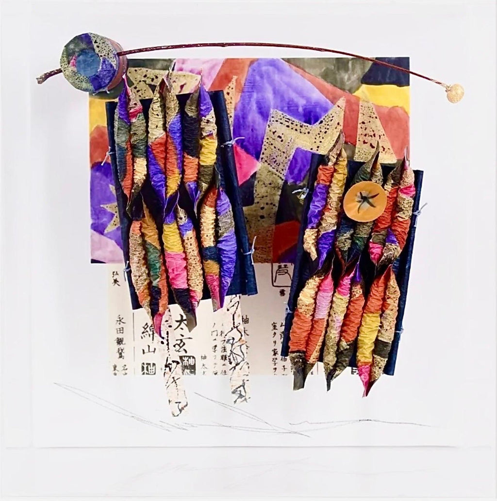 Akiko Sugiyama Japanese Calligraphy Painting Collage, 3D Shadow Box Sculpture