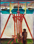 Surrealist Bulgarian French Israeli Riviera Scene Boats Oil Painting