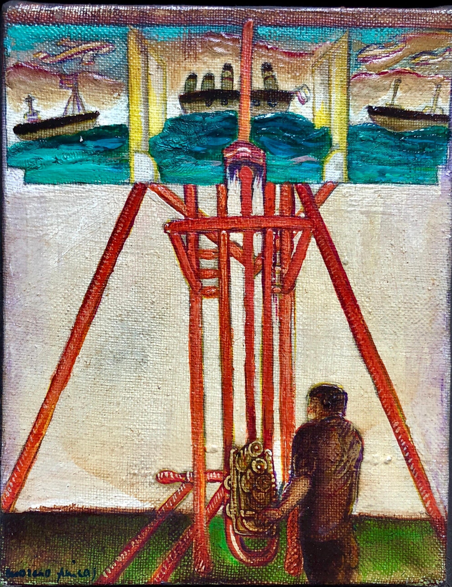 Surrealist Bulgarian French Israeli Riviera Scene Boats Oil Painting