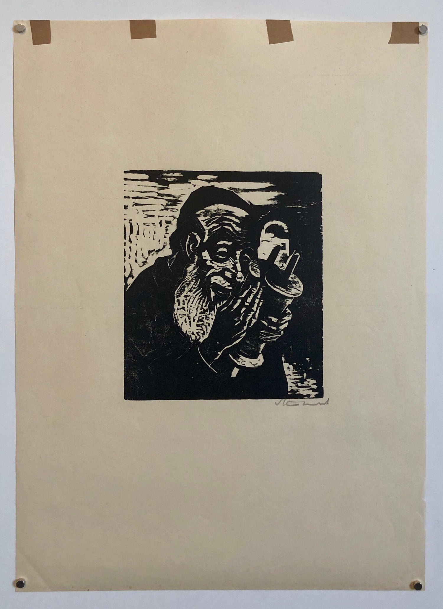 Jewish Rabbi with Torah German Expressionist Woodcut Israeli Early Bezalel