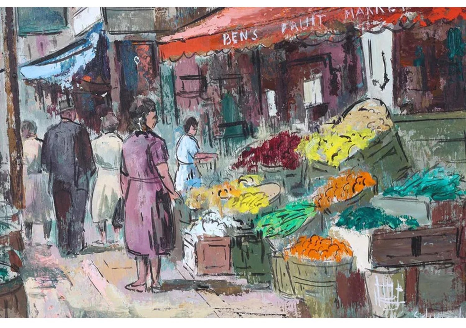 Modernist Oil Painting George Schwacha Brooklyn Street Scene Fruit Market WPA