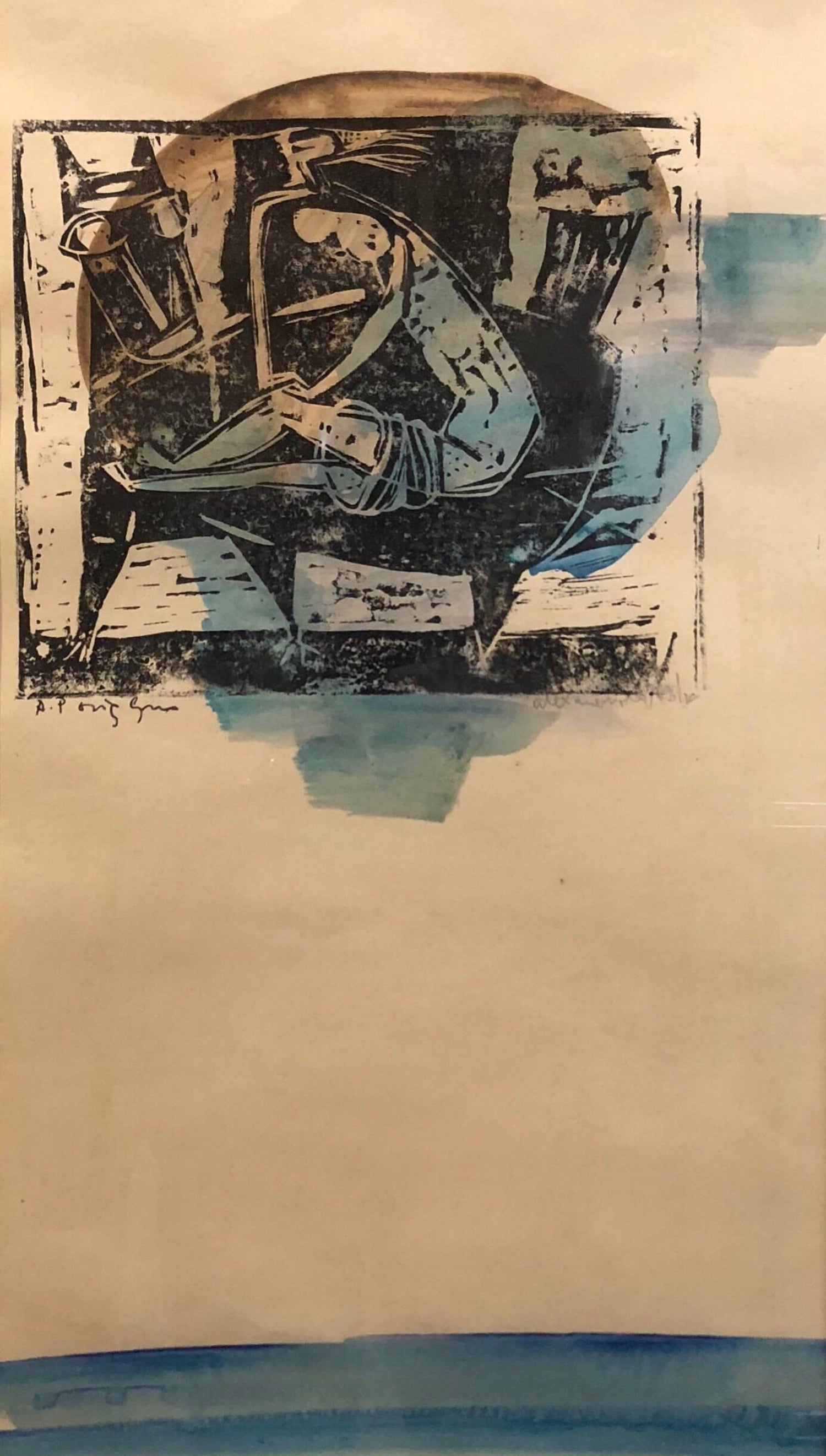 Abstract with Figures Israeli Mid Century Modernist Woodcut Watercolor Painting