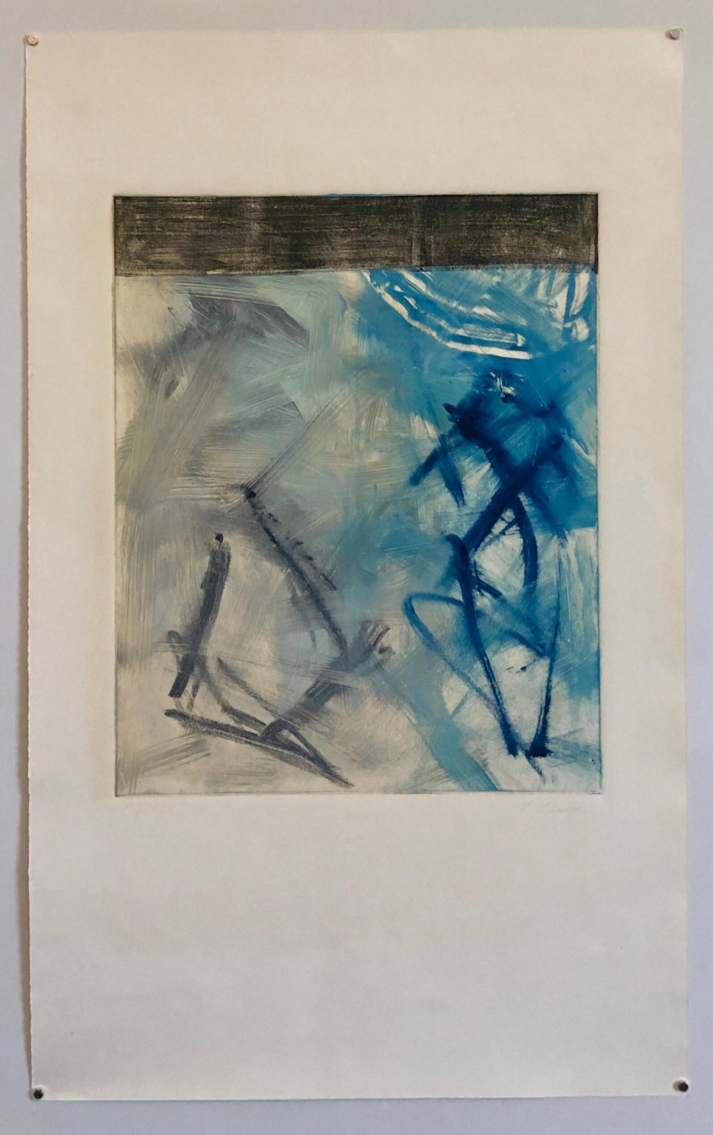 Abstract Expressionist Modernist Blue Grey Monoprint Monotype Painting Print