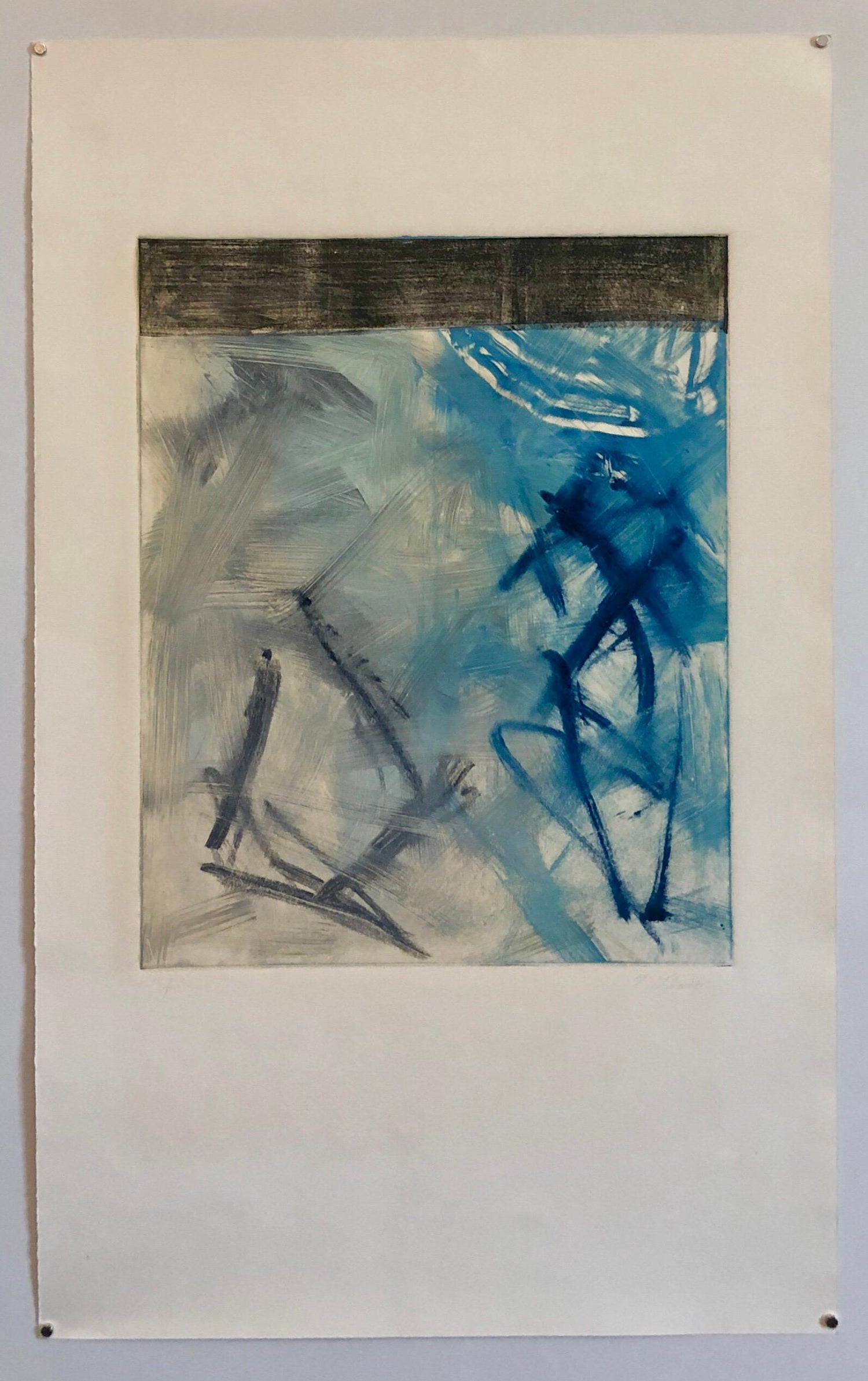Abstract Expressionist Modernist Blue Grey Monoprint Monotype Painting Print