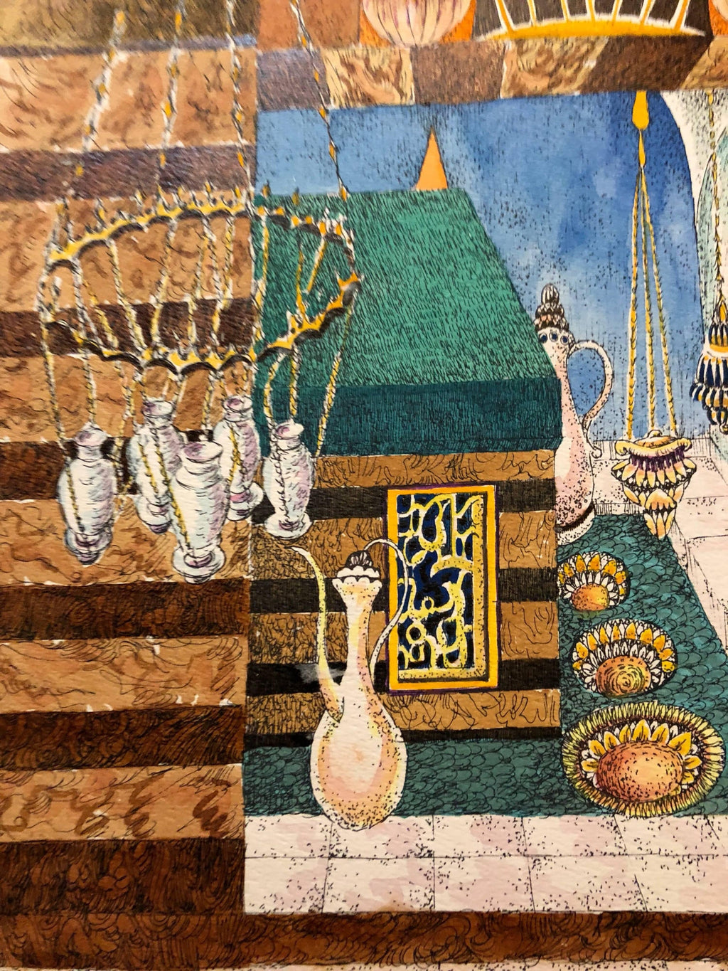 Machpela Cave Chevron 1967 Israeli Judaica Mixed Media Print Watercolor Painting