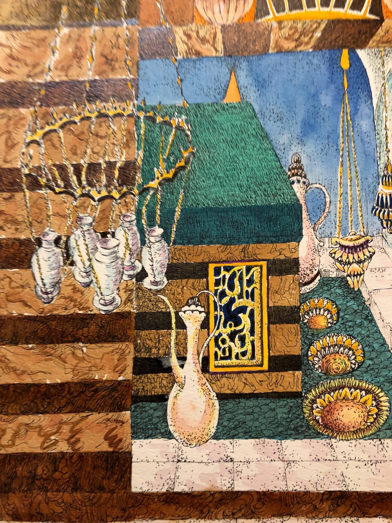 Machpela Cave Chevron 1967 Israeli Judaica Mixed Media Print Watercolor Painting