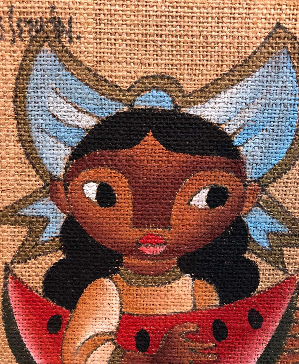 Folk Art Mexican Girl with Watermelon Oil Painting on Burlap