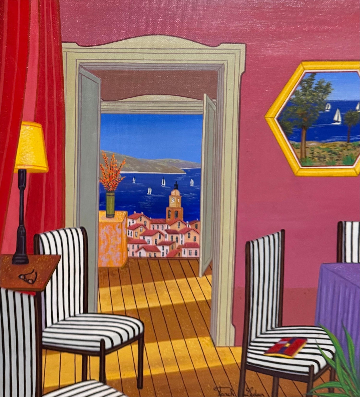 Whimsical Naive Mediterranean Seaside Interior Folk Art Oil Painting Fanch Ledan