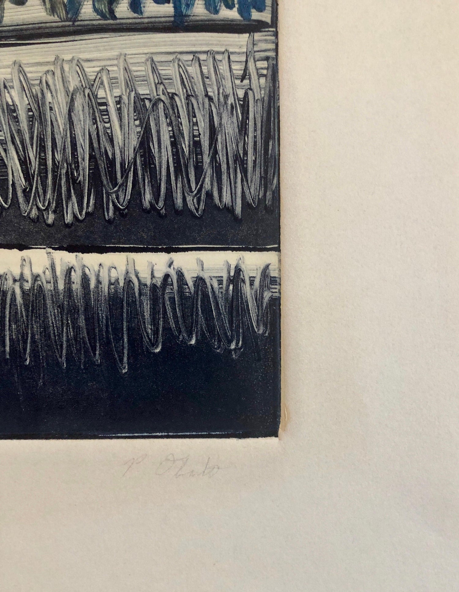 Abstract Expressionist Modernist Denim Blue Monoprint Monotype Painting Print