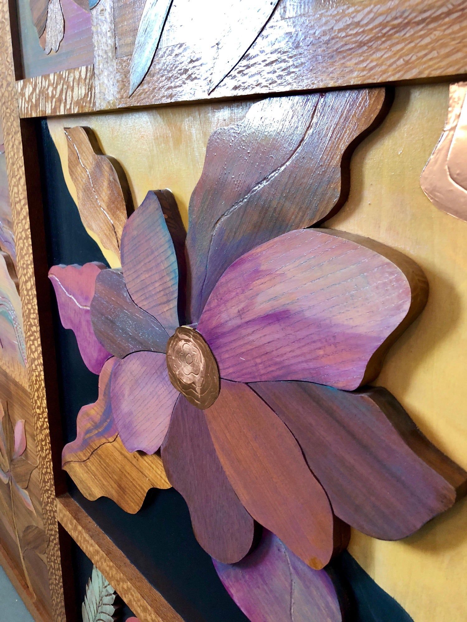 1970s  Large Wood, Copper Inlay Sculpture Wall Relief Tropical Flowers Motif