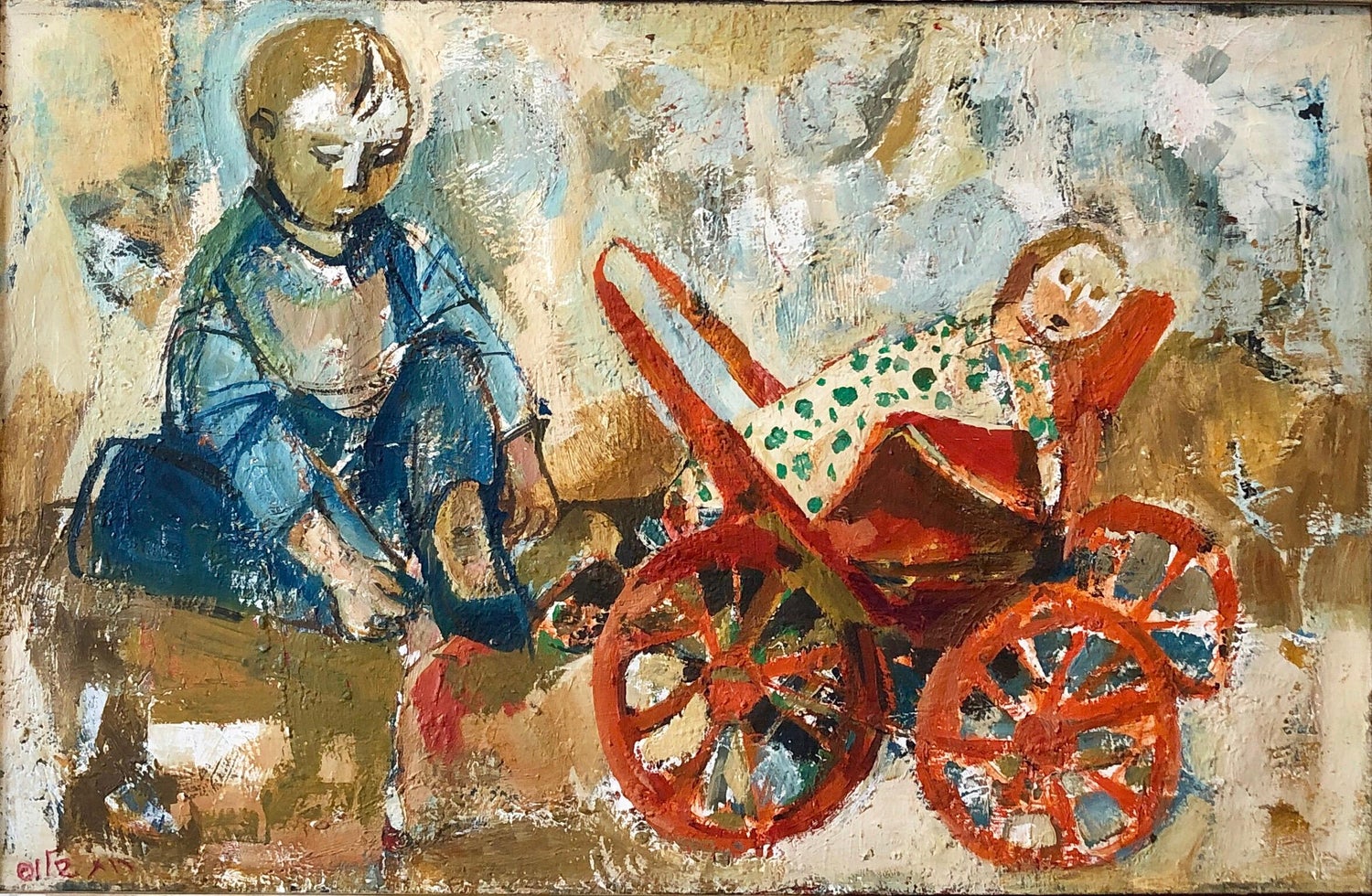 Modernist Oil Painting Social Realist Kids and Cat in Red Wagon WPA Style