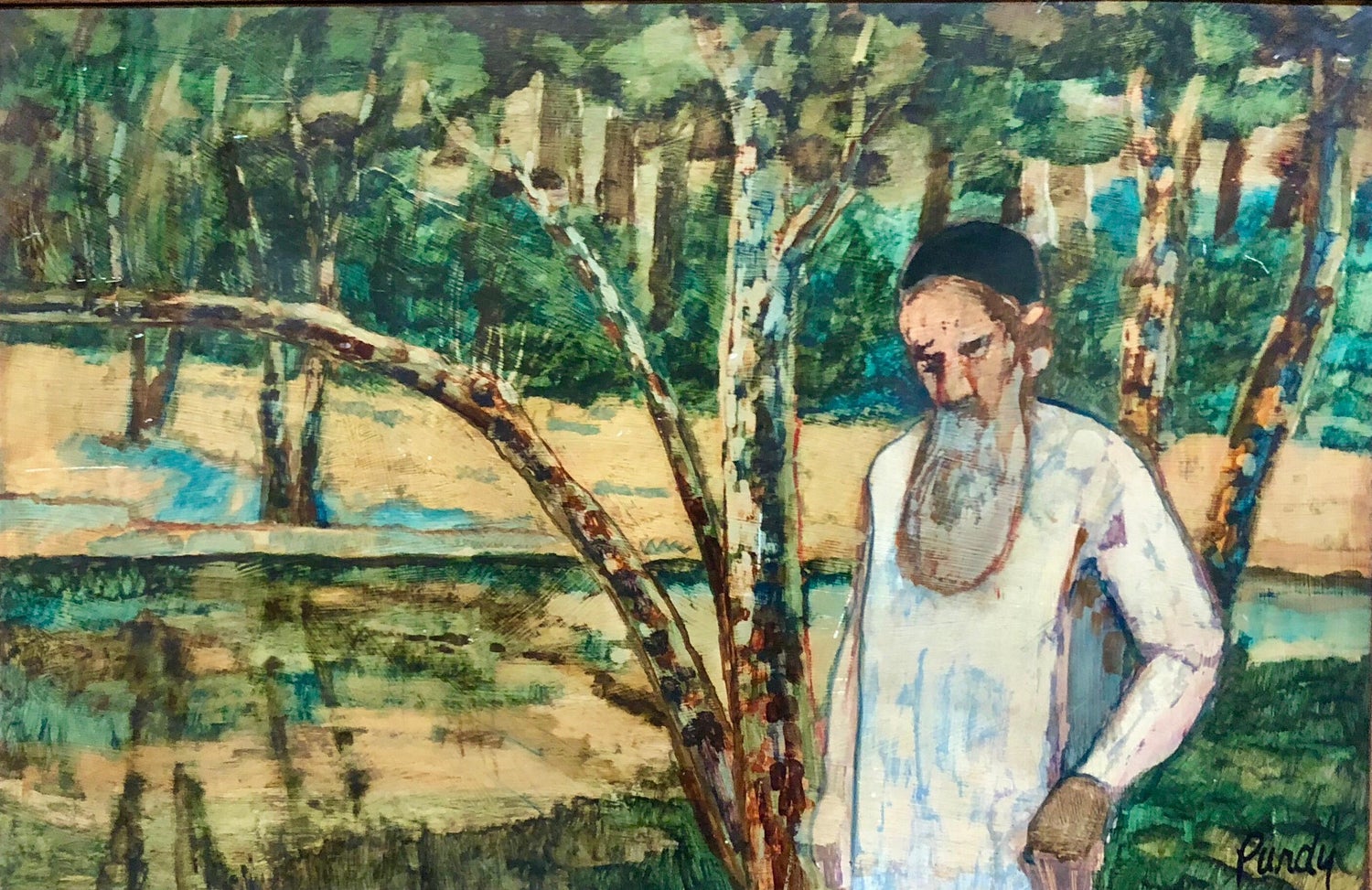 Judaica Meditative Rabbi at Prayer in Nature, Large Landscape Oil Painting