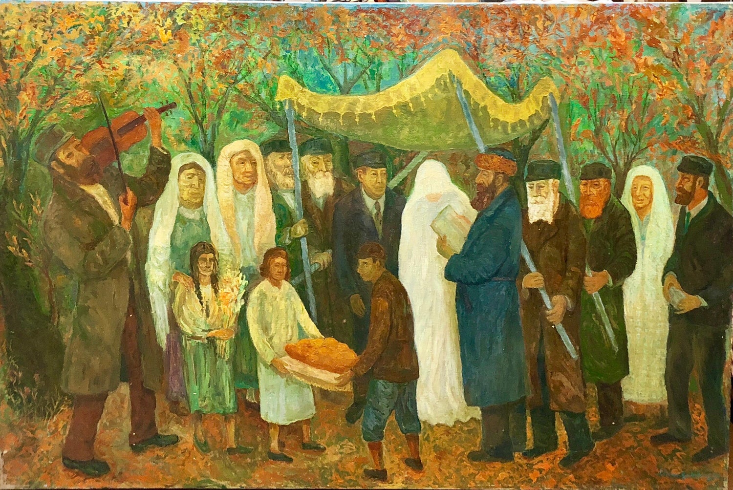 Large Judaica Oil Painting, Polish Jewish Wedding in the Shtetl Chaim Goldberg